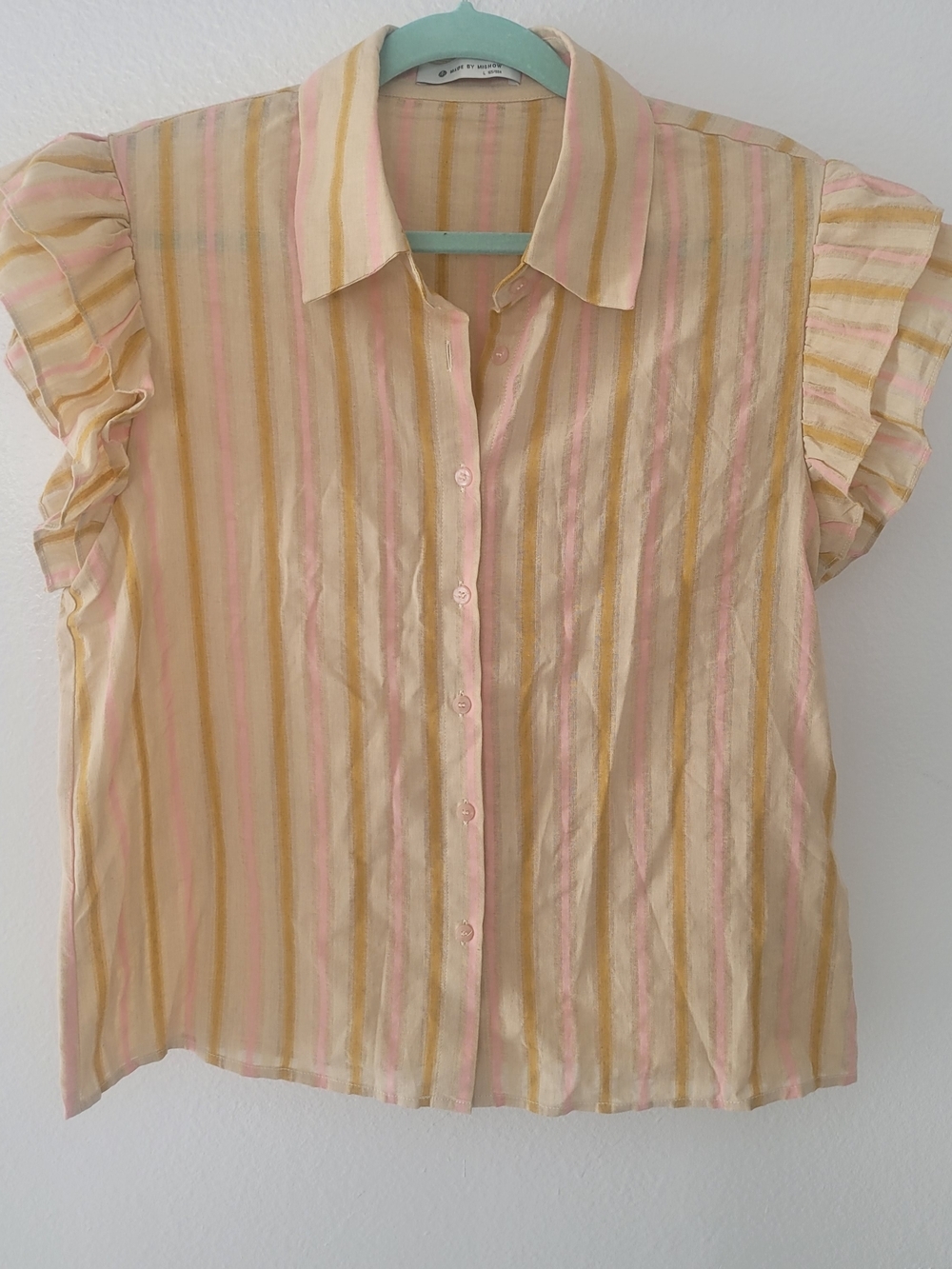Made B Mishow Pastel Yellow & Pink Striped Button-Down Ruffle Sleeve Blouse Sz L